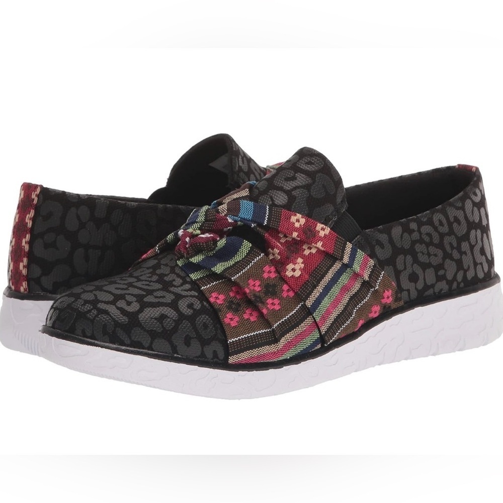 Muk Luks Women’s Black Leopard Floral Patchwork Slip On Comfort Shoes